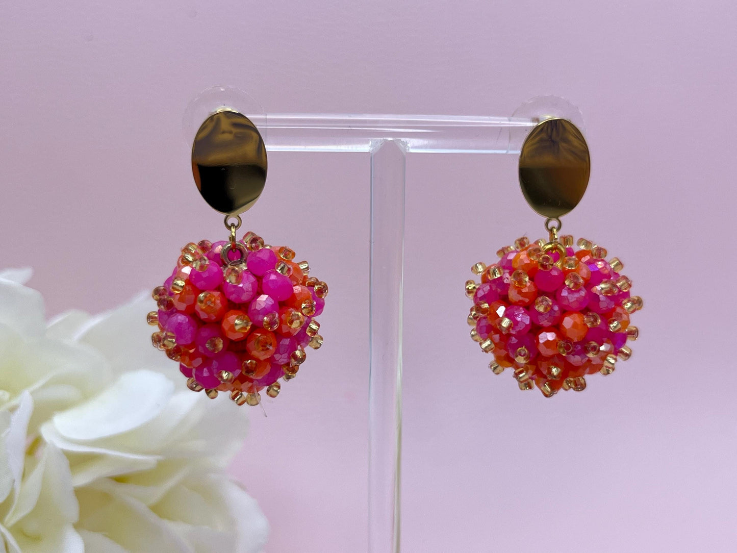Statementohrringe, Glitzerohrringe, Ohrstecker mit Facettperlen Kugelanhänger Pink Orange Gold - Laury goes Flachau
