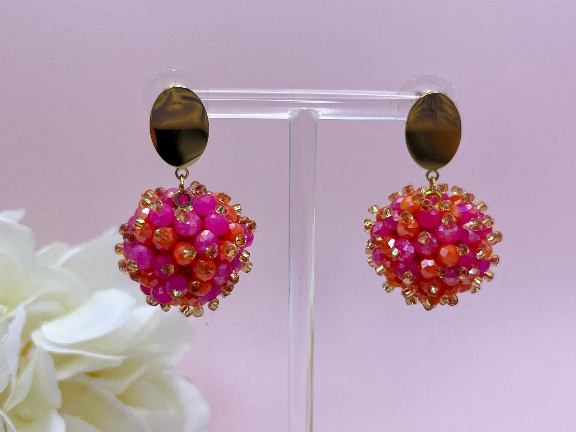 Statementohrringe, Glitzerohrringe, Ohrstecker mit Facettperlen Kugelanhänger Pink Orange Gold - Laury goes Flachau